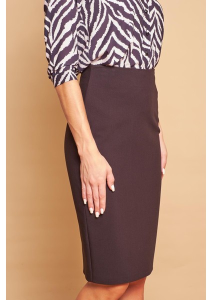 Astarlı Yüksek Bel Diz Altı Hafif Likralı Yırtmaçlı Kumaş Ofis Kalem Etek -Siyah modelleri