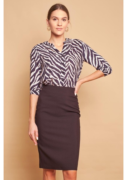 Astarlı Yüksek Bel Diz Altı Hafif Likralı Yırtmaçlı Kumaş Ofis Kalem Etek -Siyah fırsatları