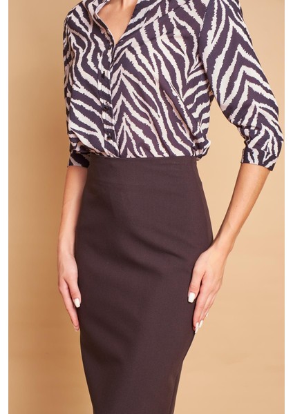 Astarlı Yüksek Bel Diz Altı Hafif Likralı Yırtmaçlı Kumaş Ofis Kalem Etek -Siyah indirimleri