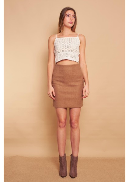 Kadın Hafif Likralı Kışlık Kaşe Yüksek Bel Diz Üstü Hafif Mini Kalem Etek(Boy 47CM)-CAMEL