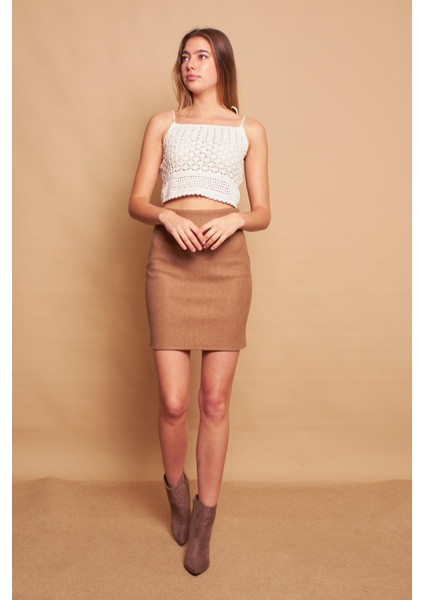 Kadın Hafif Likralı Kışlık Kaşe Yüksek Bel Diz Üstü Hafif Mini Kalem Etek(Boy 47CM)-CAMEL fiyatları
