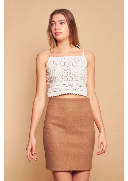 Kadın Hafif Likralı Kışlık Kaşe Yüksek Bel Diz Üstü Hafif Mini Kalem Etek(Boy 47CM)-CAMEL modelleri