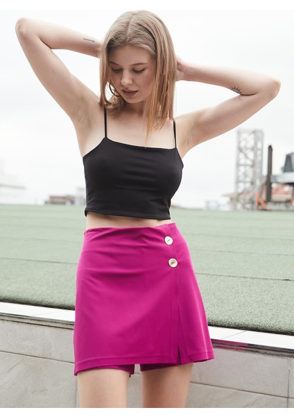 Kadın Yüksek Bel Dokuma Kumaş Midi Boy Şort Etek (BOY:38CM +-2cm)-Magenta