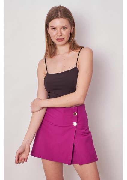 Kadın Yüksek Bel Dokuma Kumaş Midi Boy Şort Etek (BOY:38CM +-2cm)-Magenta