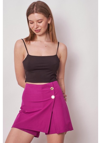 Kadın Yüksek Bel Dokuma Kumaş Midi Boy Şort Etek (BOY:38CM +-2cm)-Magenta