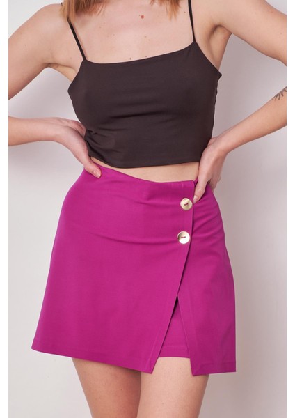 Kadın Yüksek Bel Dokuma Kumaş Midi Boy Şort Etek (BOY:38CM +-2cm)-Magenta