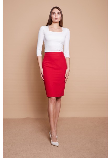 Astarlı Yüksek Bel Diz Altı Hafif Likralı Yırtmaçlı Kumaş Ofis Kalem Etek -Kırmızı