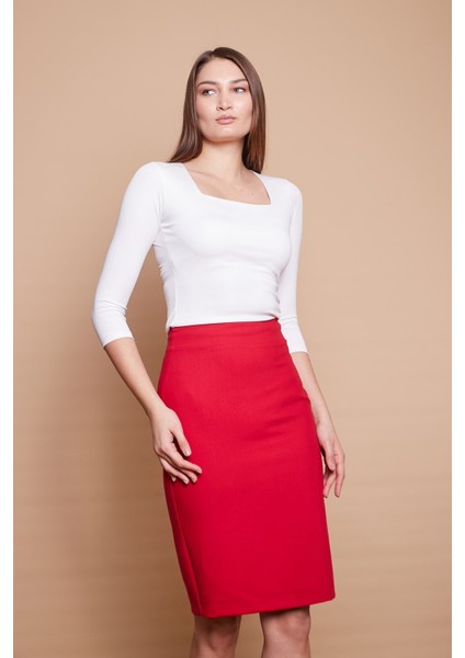 Astarlı Yüksek Bel Diz Altı Hafif Likralı Yırtmaçlı Kumaş Ofis Kalem Etek -Kırmızı