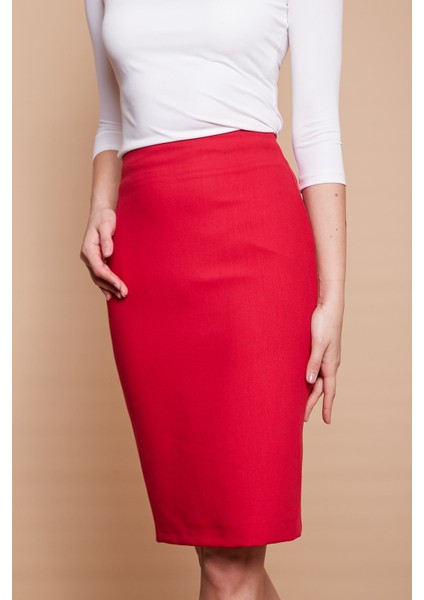 Astarlı Yüksek Bel Diz Altı Hafif Likralı Yırtmaçlı Kumaş Ofis Kalem Etek -Kırmızı