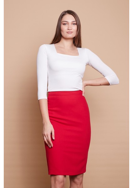 Astarlı Yüksek Bel Diz Altı Hafif Likralı Yırtmaçlı Kumaş Ofis Kalem Etek -Kırmızı