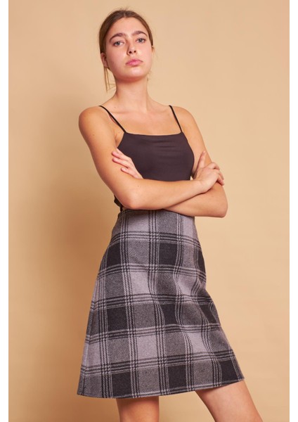 Hafif Likralı Yünlü Kışlık Jakar Kumaş Yüksek Bel Hafif Diz Üstü Çan Etek-Siyah Desen modelleri