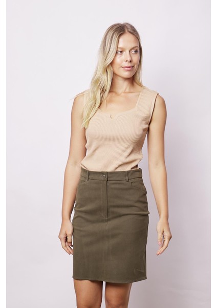 Kadın Cep Detaylı Diz Üstü Hafif Likralı Pamuklu Kumaş Kalem Etek-Haki fiyatları