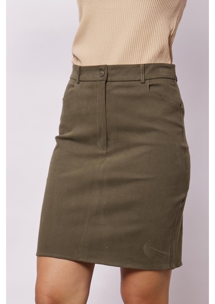 Kadın Cep Detaylı Diz Üstü Hafif Likralı Pamuklu Kumaş Kalem Etek-Haki indirimleri