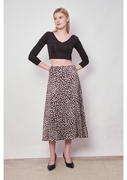 Kadın Desenli Likrasız Saten Kumaş Yüksek Bel Uzun Çan Etek-Leopar