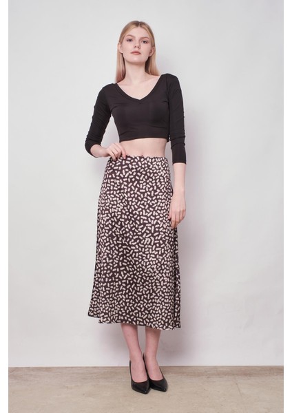 Kadın Desenli Likrasız Saten Kumaş Yüksek Bel Uzun Çan Etek-Leopar