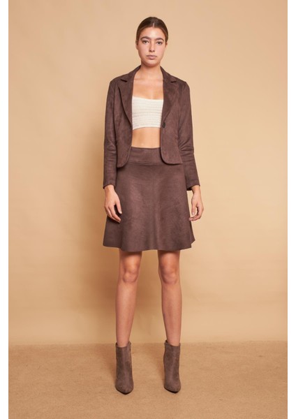 Hafif Likralı Süet Kumaş Yüksek Bel Diz Üstü Kısa Kiloş Etek-Kahve