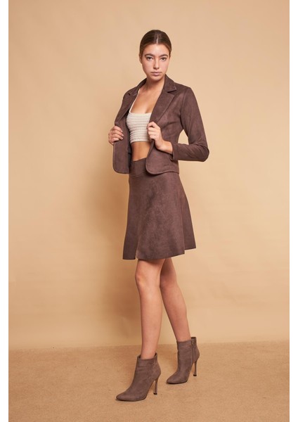 Hafif Likralı Süet Kumaş Yüksek Bel Diz Üstü Kısa Kiloş Etek-Kahve fiyatları