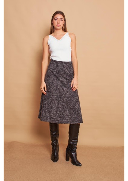 Kadın Kışlık Yünlü Jakarlı Hafif Likralı Kumaş Yüksek Bel Uzun Çan Etek-Siyah Diyagonel fırsatları