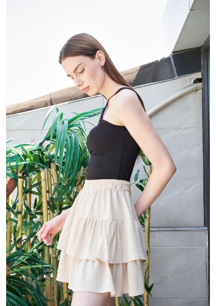 Kadın Yüksek Bel Çift Fırfırlı Etek -Bej