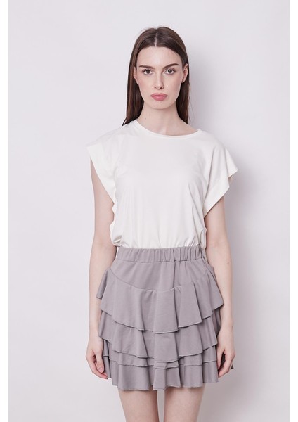 Yazlık Kumaş Fırfırlı Diz Üstü Mykonos Etek-Gri