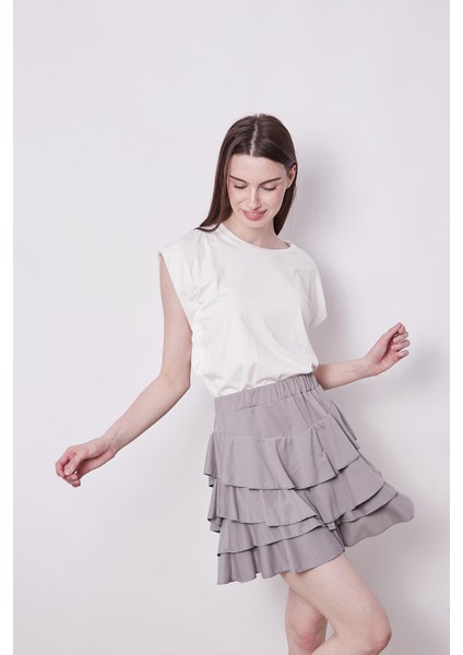 Yazlık Kumaş Fırfırlı Diz Üstü Mykonos Etek-Gri fiyatları