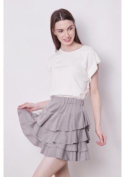 Yazlık Kumaş Fırfırlı Diz Üstü Mykonos Etek-Gri modelleri