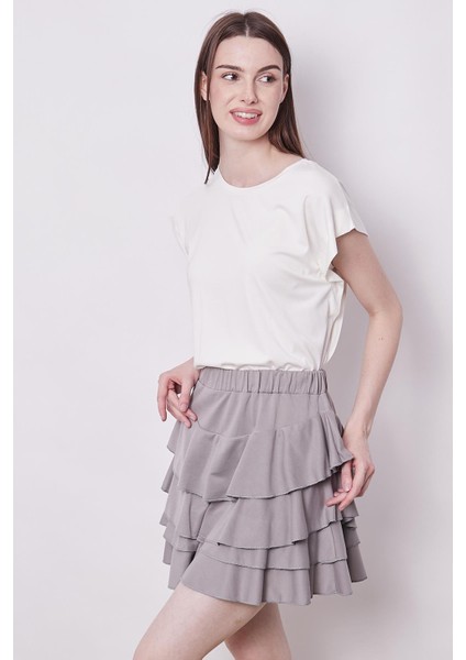 Yazlık Kumaş Fırfırlı Diz Üstü Mykonos Etek-Gri fırsatları