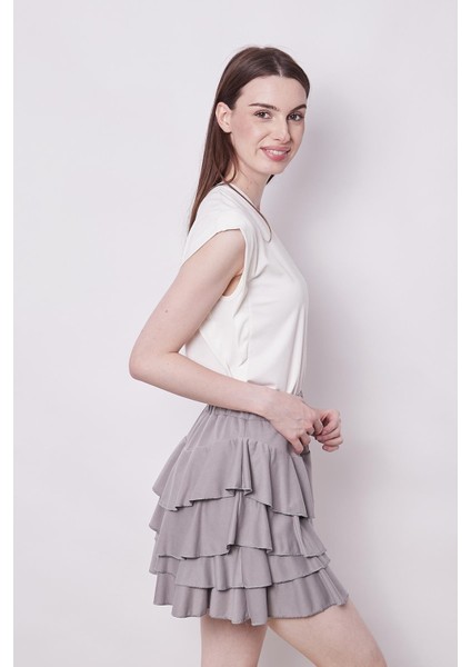 Yazlık Kumaş Fırfırlı Diz Üstü Mykonos Etek-Gri indirimleri