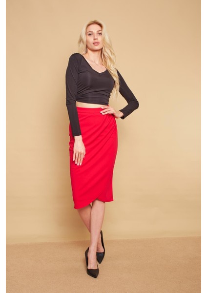 Kruvaze Anvelop Önü Pileli Diz Altı Likralı Kumaş Etek-Fujya