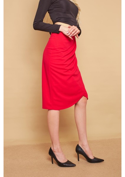 Kruvaze Anvelop Önü Pileli Diz Altı Likralı Kumaş Etek-Fujya fiyatları