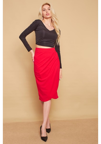 Kruvaze Anvelop Önü Pileli Diz Altı Likralı Kumaş Etek-Fujya modelleri