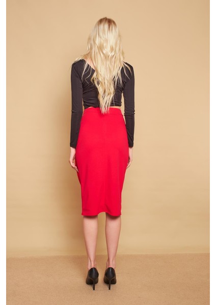 Kruvaze Anvelop Önü Pileli Diz Altı Likralı Kumaş Etek-Fujya fırsatları