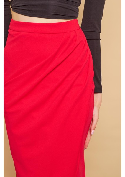 Kruvaze Anvelop Önü Pileli Diz Altı Likralı Kumaş Etek-Fujya indirimleri