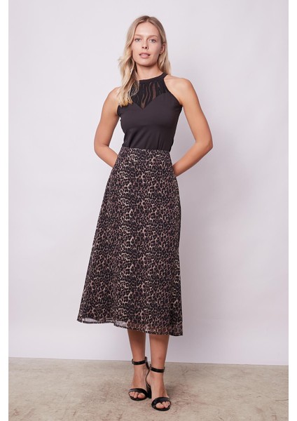 Kadın Desenli Şifon Astarlı Yüksek Bel Kemerli Midi Boy Diz Altı Uzun Çan Etek-Leopar
