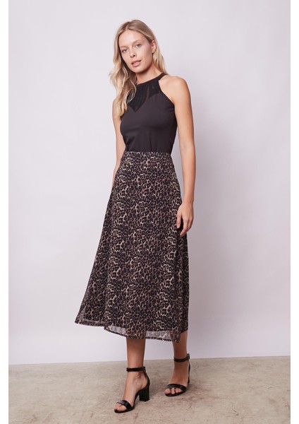 Kadın Desenli Şifon Astarlı Yüksek Bel Kemerli Midi Boy Diz Altı Uzun Çan Etek-Leopar fiyatları