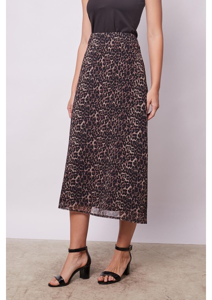 Kadın Desenli Şifon Astarlı Yüksek Bel Kemerli Midi Boy Diz Altı Uzun Çan Etek-Leopar fırsatları