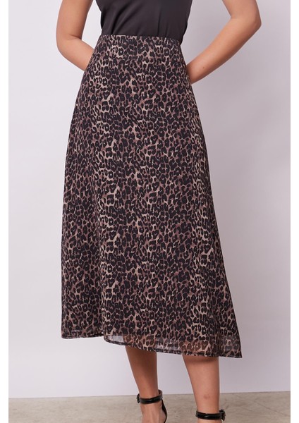 Kadın Desenli Şifon Astarlı Yüksek Bel Kemerli Midi Boy Diz Altı Uzun Çan Etek-Leopar indirimleri