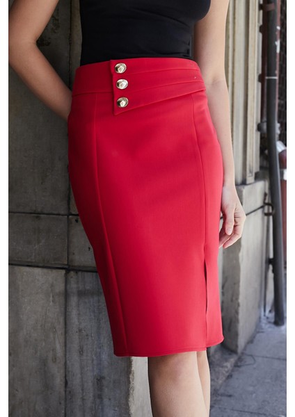 Kadın Yüksek Bel Gold Metal Düğme Detaylı Önden Yırtmaçlı Diz Altı Hafif Likralı Kumaş Kalem Etek-Kırmızı