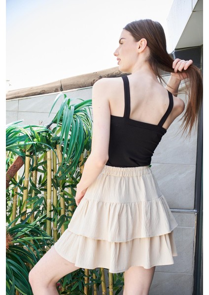 Kadın Yüksek Bel Çift Fırfırlı Etek -Bej fiyatları