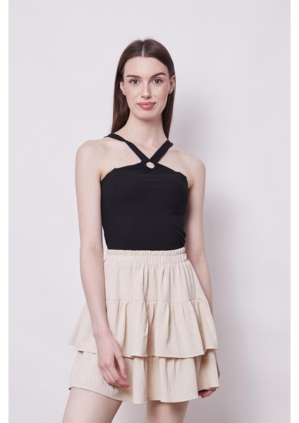 Kadın Yüksek Bel Çift Fırfırlı Etek -Bej modelleri