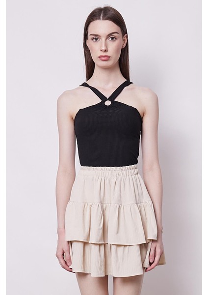 Kadın Yüksek Bel Çift Fırfırlı Etek -Bej fırsatları