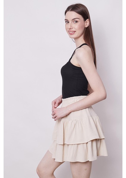 Kadın Yüksek Bel Çift Fırfırlı Etek -Bej indirimleri