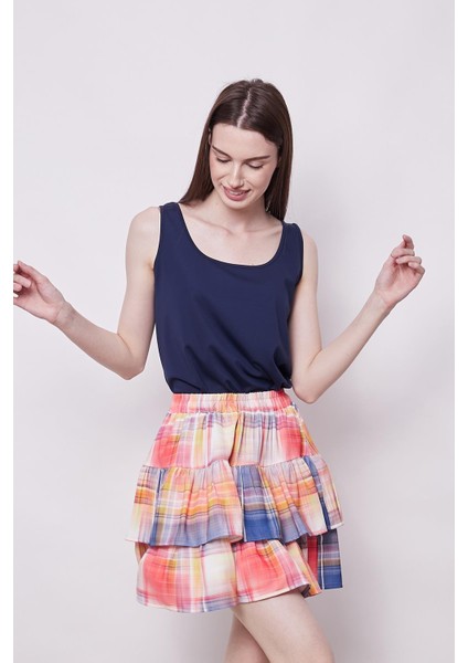 Desenli Yazlık Kumaş Yüksek Bel Çift Fırfırlı Diz Üstü Etek-Desenli fırsatları