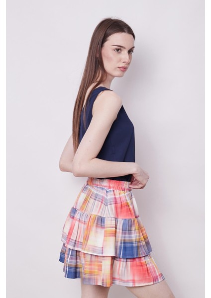 Desenli Yazlık Kumaş Yüksek Bel Çift Fırfırlı Diz Üstü Etek-Desenli indirimleri