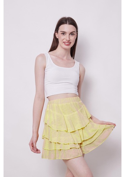 Yazlık Kumaş Fırfırlı Diz Üstü Mykonos Etek-Sarı