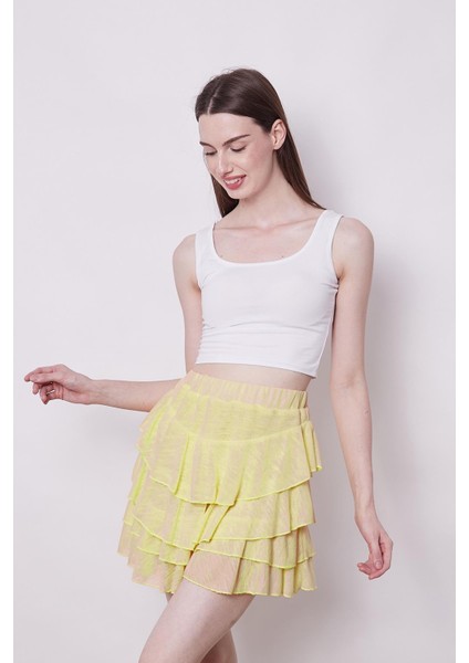 Yazlık Kumaş Fırfırlı Diz Üstü Mykonos Etek-Sarı fiyatları
