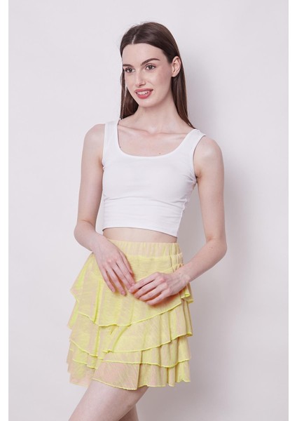 Yazlık Kumaş Fırfırlı Diz Üstü Mykonos Etek-Sarı modelleri