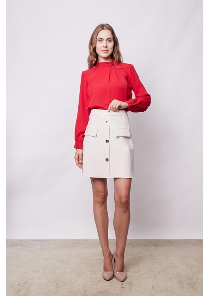 Kadın Diz Üstü Yüksek Bel Önü Düğmeli Cep Kapaklı Hafif Likralı Kumaş Çan Etek-Şampanya