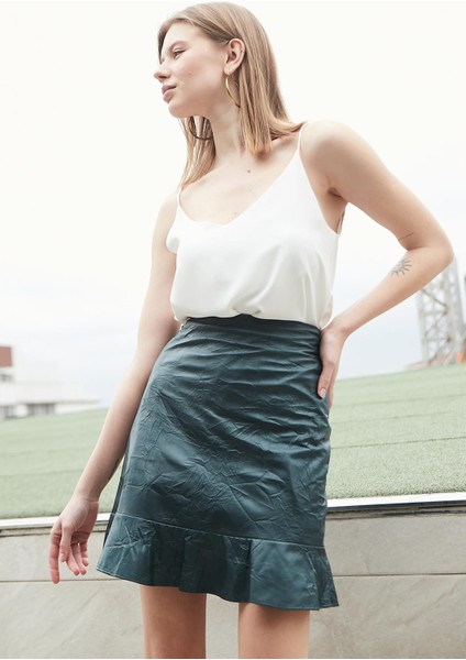 Kadın Kraş Deri Yüksek Bel Eteği Volanlı Astarlı Kalem ETEK(BOY:50CM +-2cm)-Zümrüt