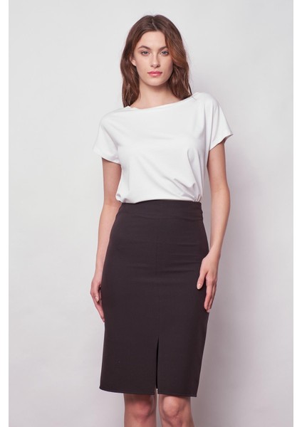 Kadın Yüksek Bel Önden Yırtmaçlı Hafif Likralı Şık Kumaş Diz Altı Ofis Kalem Etek-Siyah fiyatları